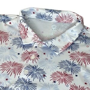 Caddy Daddy Men's Fireworks Polo Shirt Large White Red Blue Patriotic Golf Star